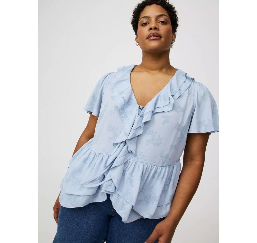 Torrid V-Neck Double Ruffle Top V-Neck Double Ruffle Top Blue Floral Size 3X